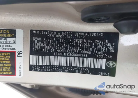 2012 Toyota Camry Le from USA, damaged, VIN 4T1BF1FK9CU600949